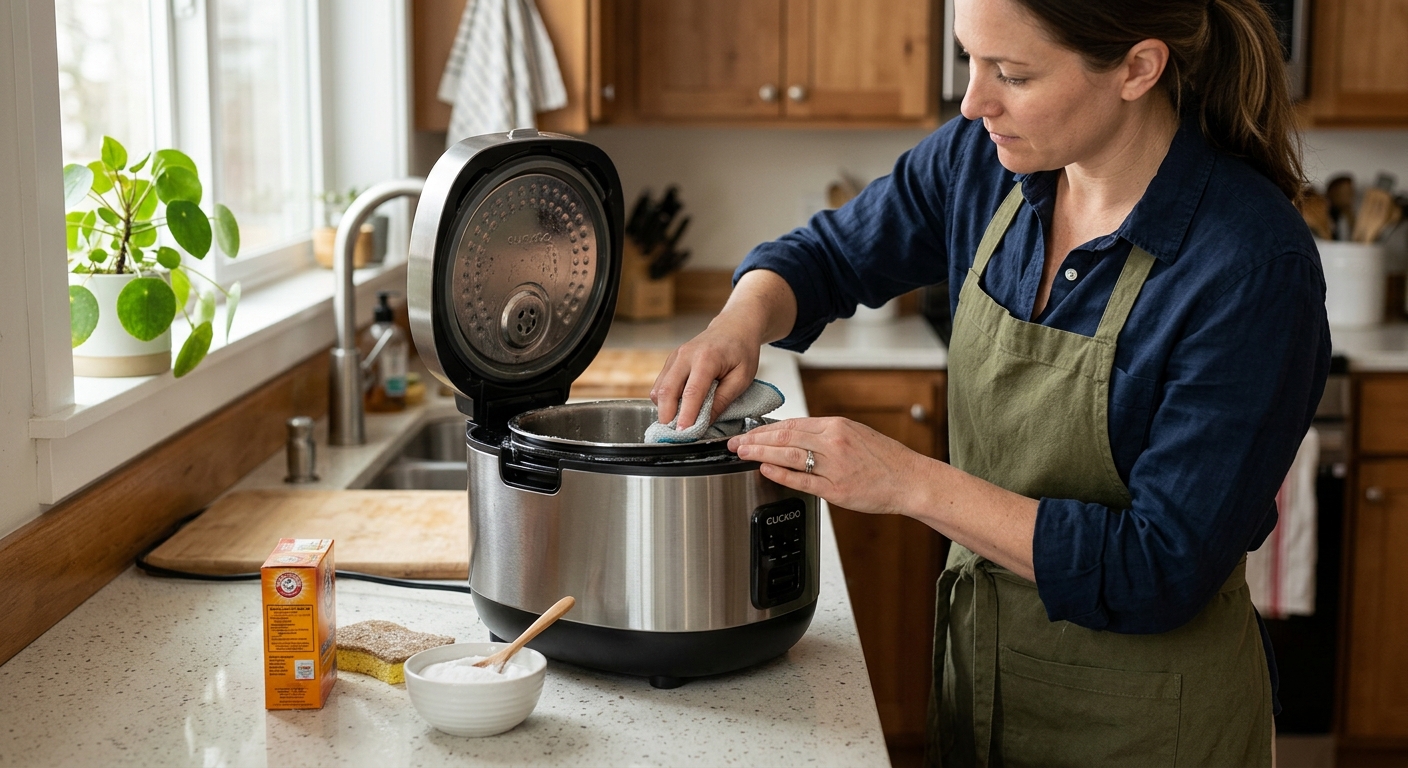 작은 그릇의 베이킹소다와 따뜻한 물, 부드러운 스펀지를 준비한 모습