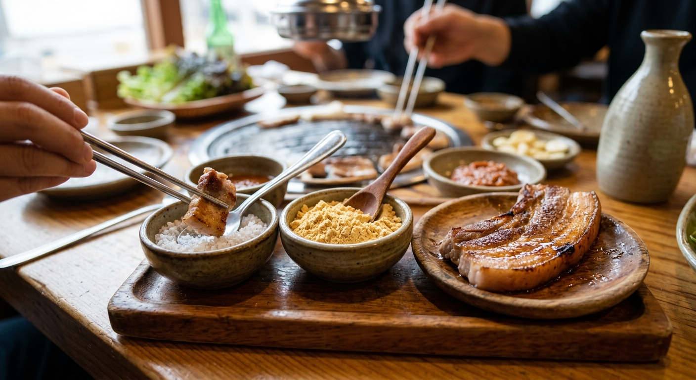 삼겹살과 함께 소금 접시와 콩가루 접시가 나란히 놓여 있는 모습