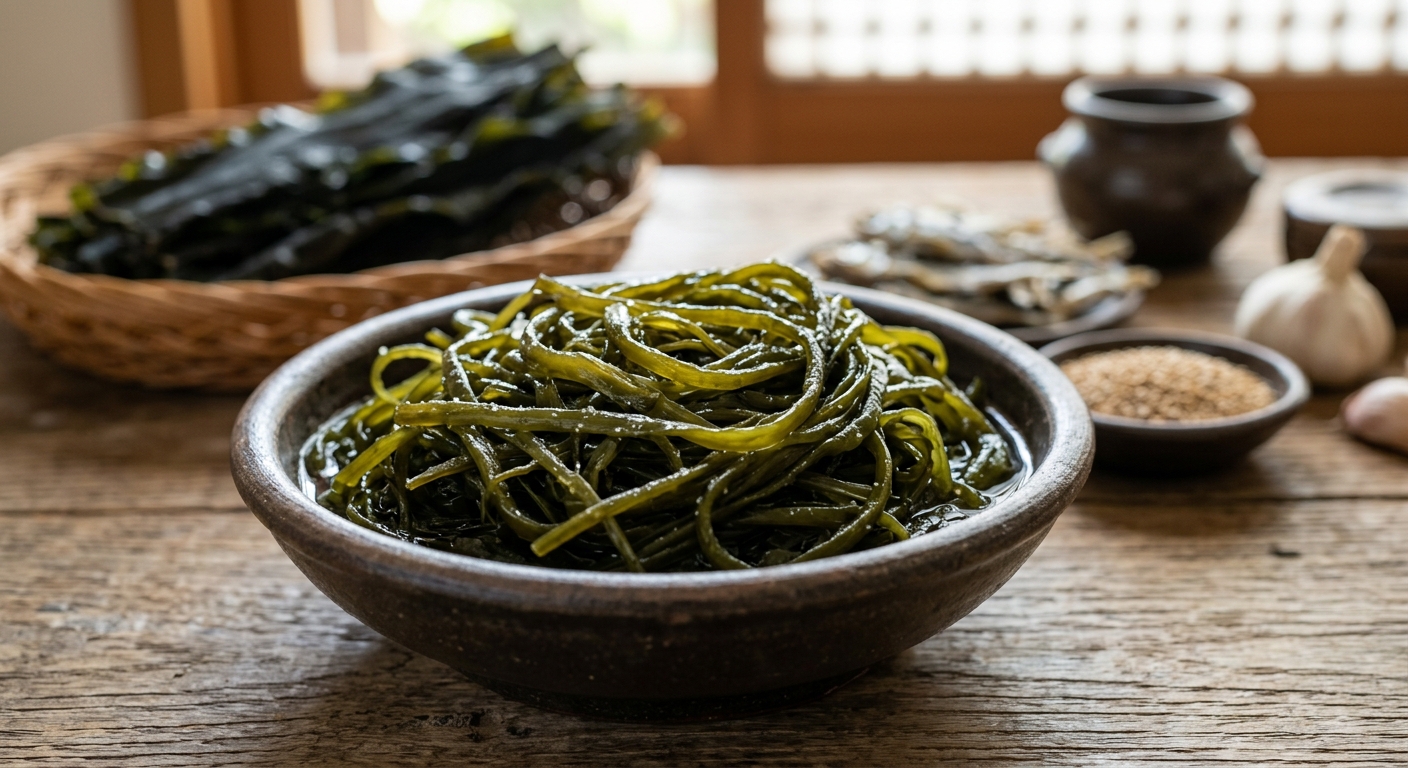 손질된 미역줄기를 가까이에서 보여주는 사진과 미끈한 질감