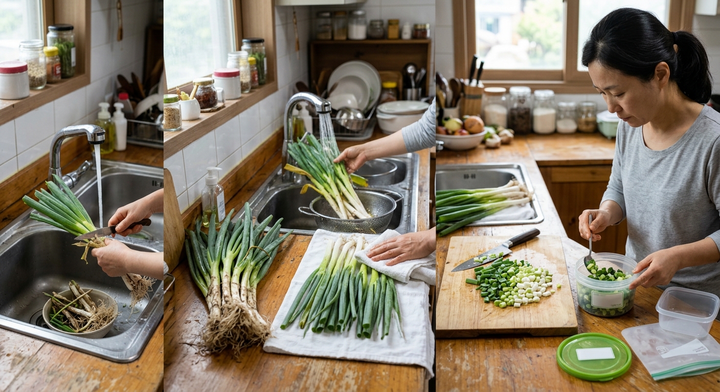 도마 위에서 흰 대와 초록 잎 부분으로 나뉘어 손질된 대파