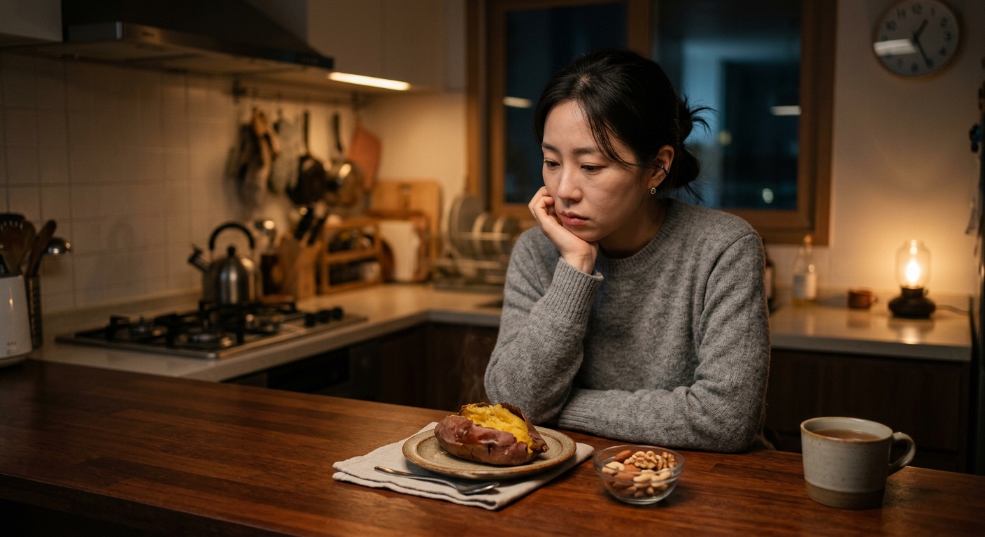 작은 그릇에 담긴 견과류와 야식으로 고민하는 장면