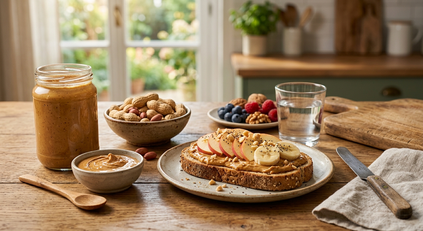 땅콩버터와 땅콩, 비타민과 영양 성분을 연상시키는 건강 식품 이미지