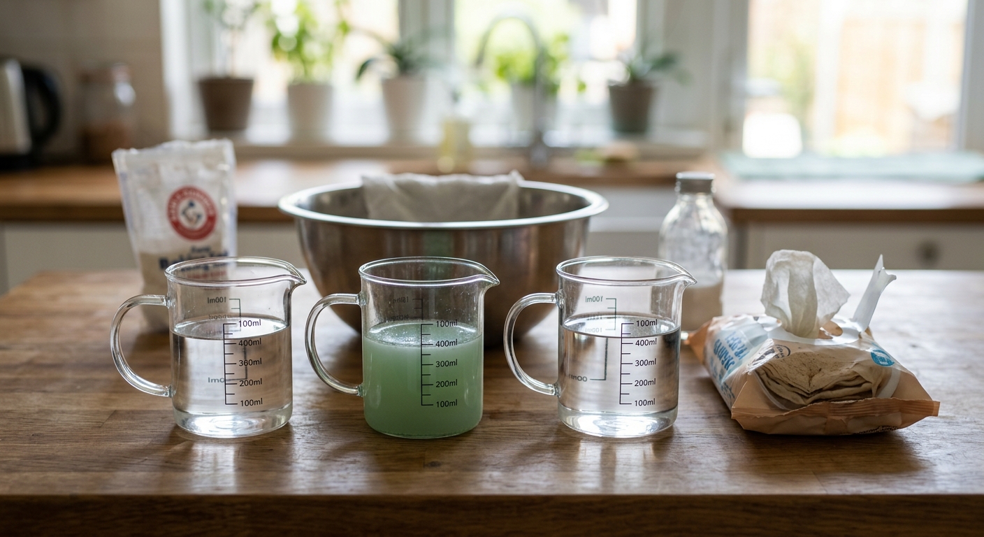 작은 그릇에 주방세제와 베이킹소다, 식초를 같은 비율로 담아 섞는 모습