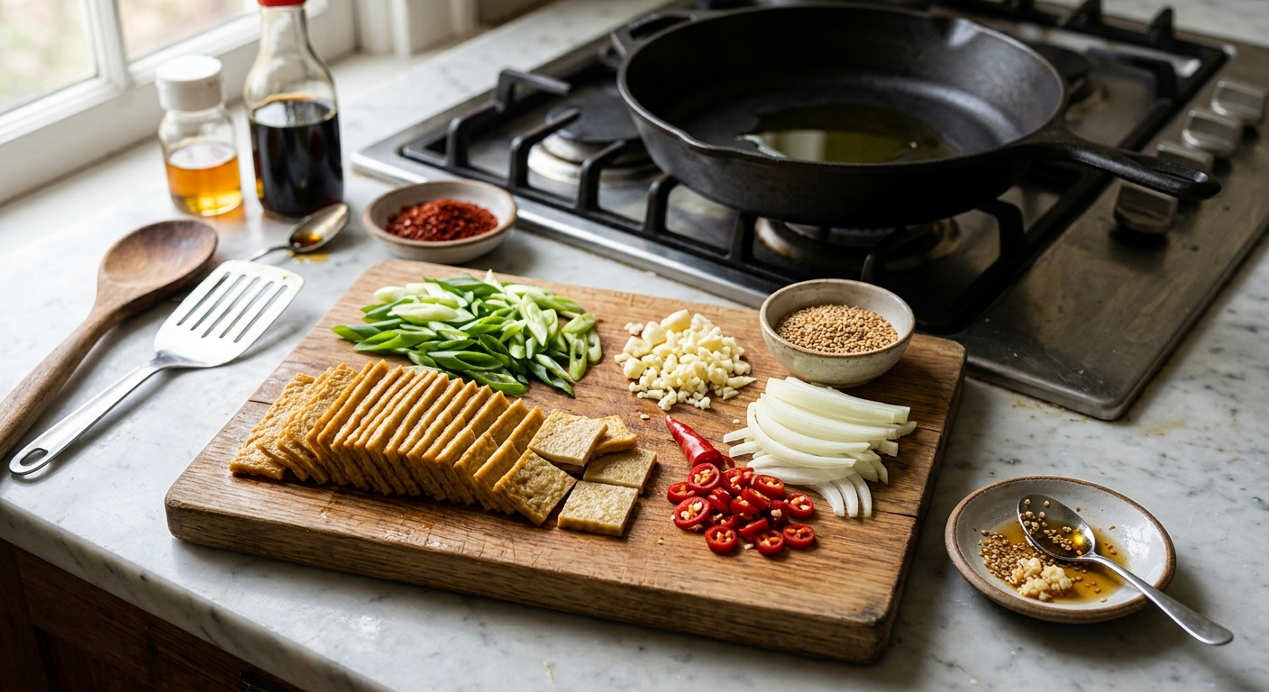 도마 위에 어묵과 양파, 마늘, 꽈리고추가 손질되어 놓인 모습