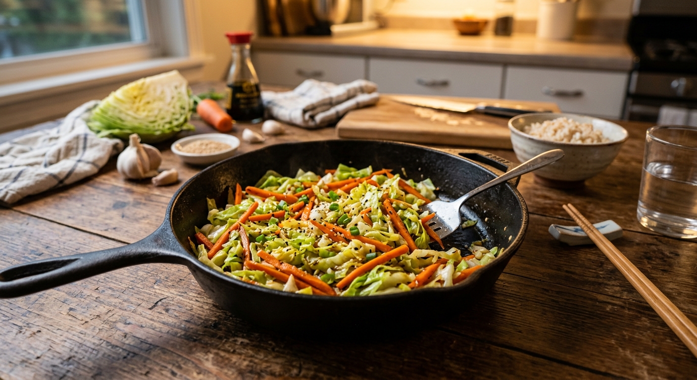팬에서 양배추와 당근을 볶고 있는 장면