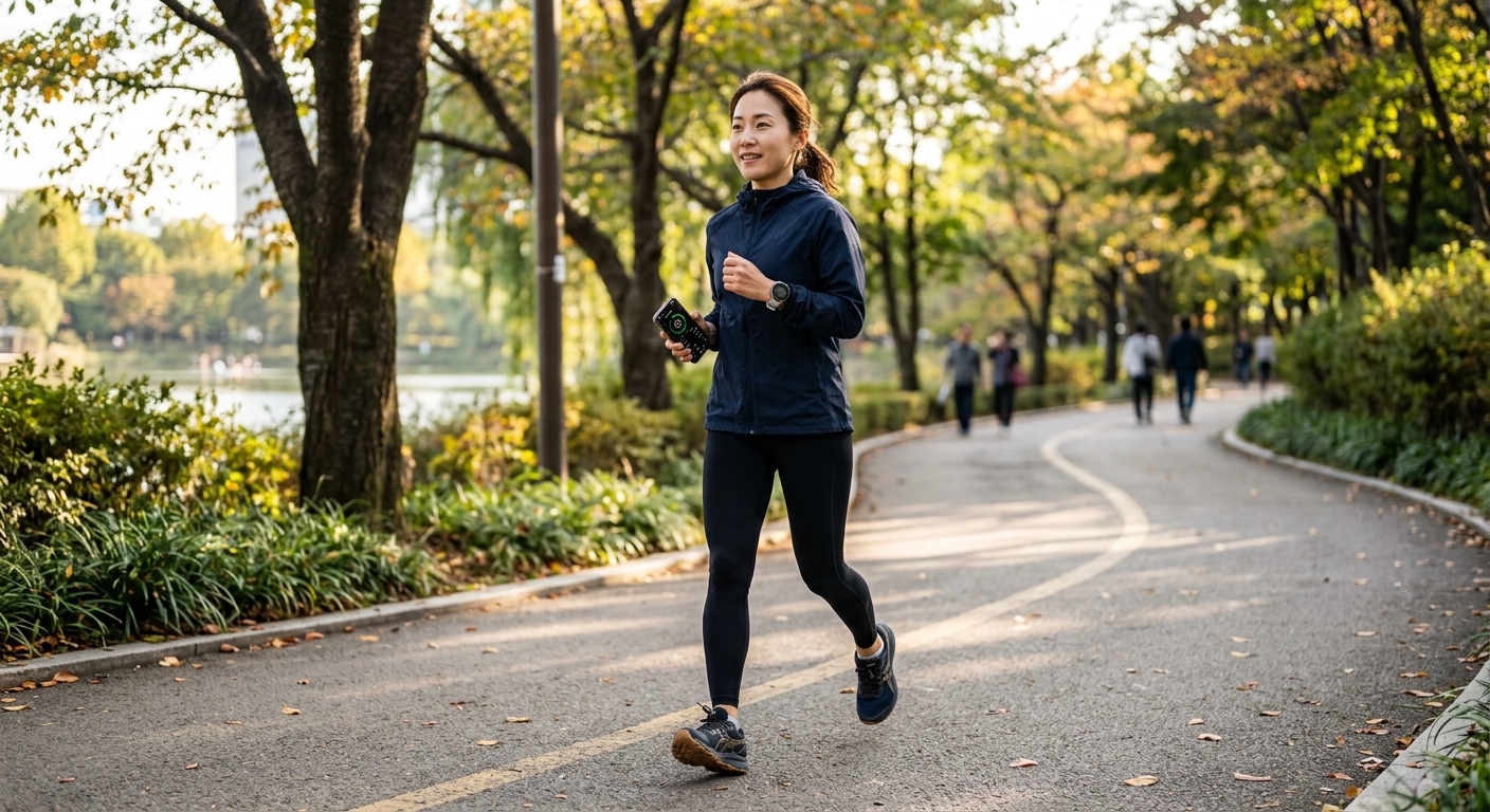 스마트워치로 걸음 수를 확인하며 걷는 성인의 모습
