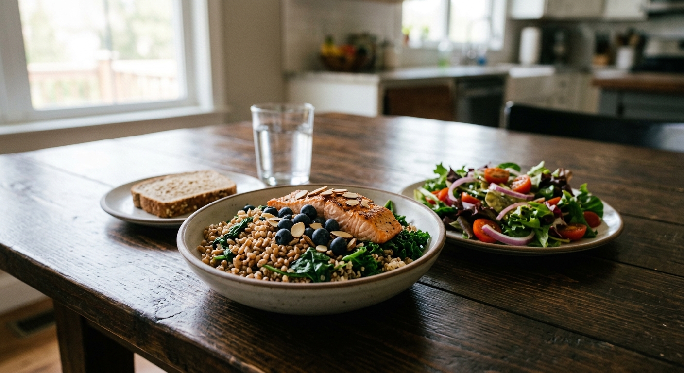 잎채소, 베리류, 견과류, 올리브유, 생선이 균형 있게 차려진 건강식 한 상