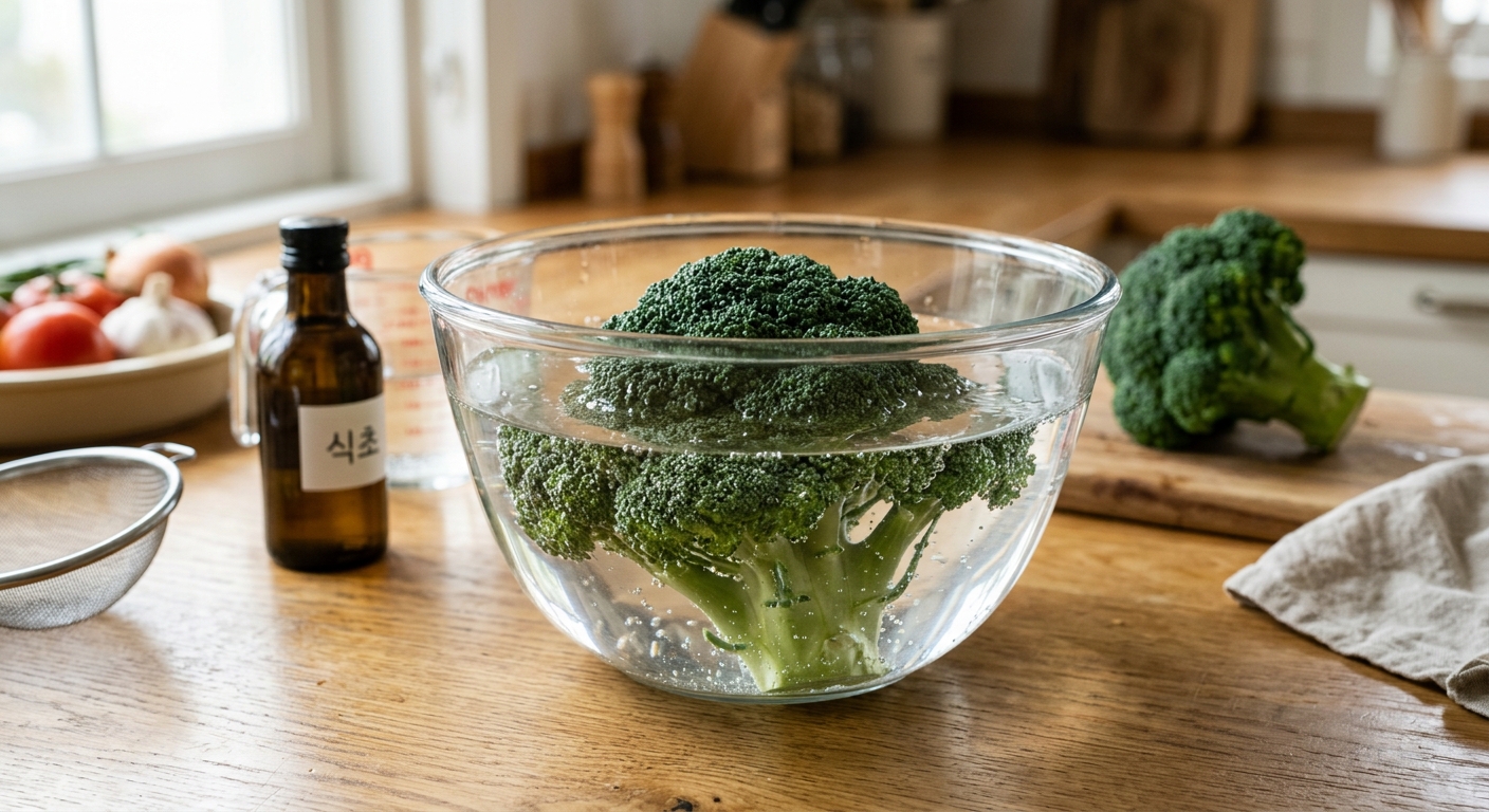 유리 볼 속 식초물에 꽃봉오리 부분을 아래로 담근 브로콜리