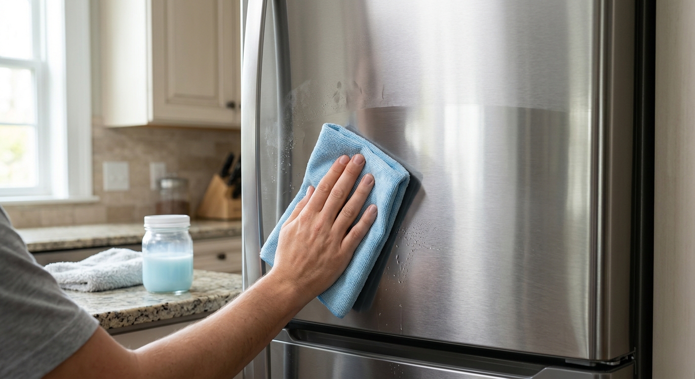 극세사 천으로 냉장고 선반을 닦는 손과 희석 린스 용액