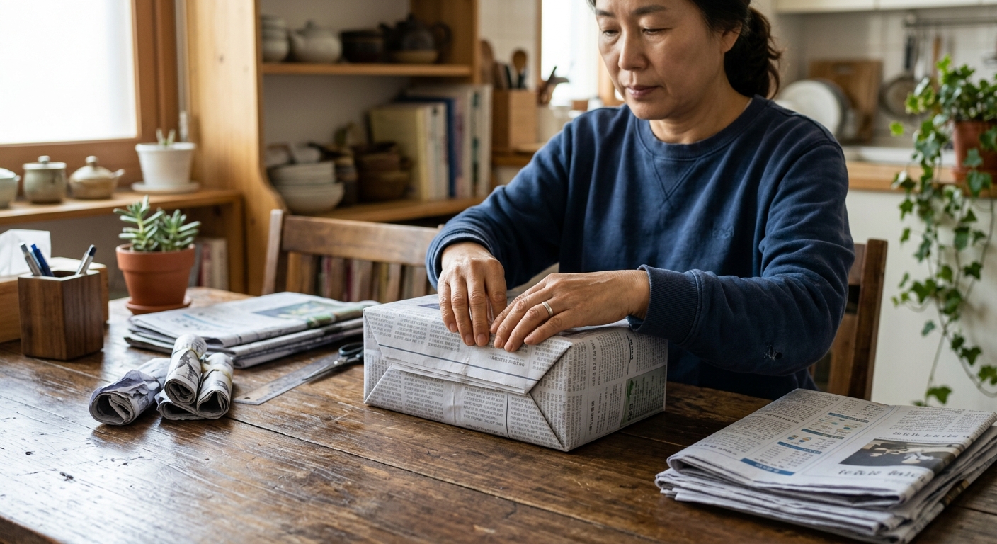 손으로 접어 완성한 신문지 박스가 주방 테이블 위에 놓인 모습