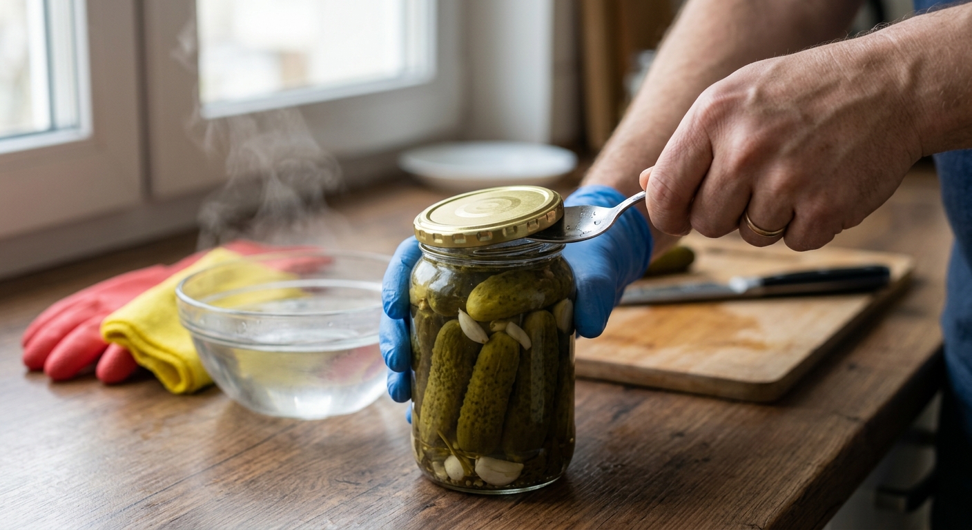 고무장갑과 숟가락이 놓인 주방 테이블 위 유리병 이미지