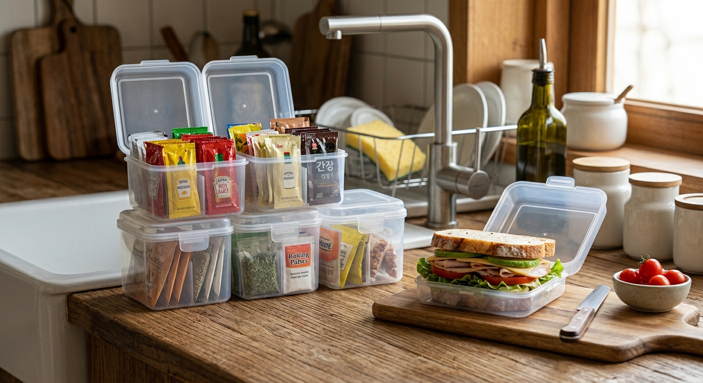 샌드위치 케이스 안에 케첩 머스터드 간장 소스가 정리된 주방 수납 모습