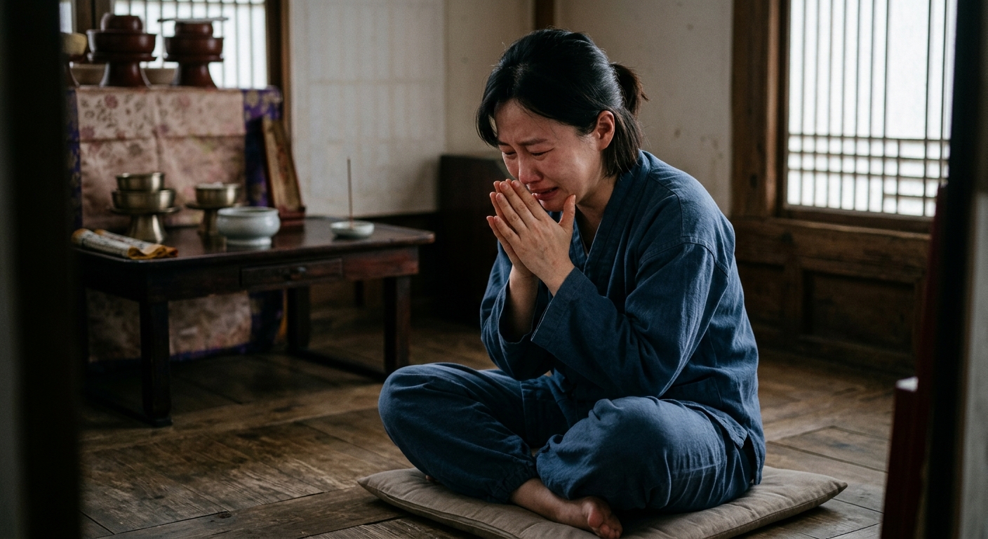 불안한 표정의 여성과 어두운 밤 분위기로 반복된 악몽과 심리적 고통을 표현한 이미지