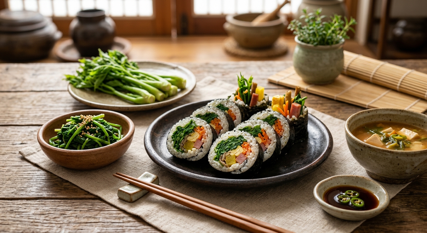 손질한 엄나무순과 김밥 재료를 함께 놓은 모습