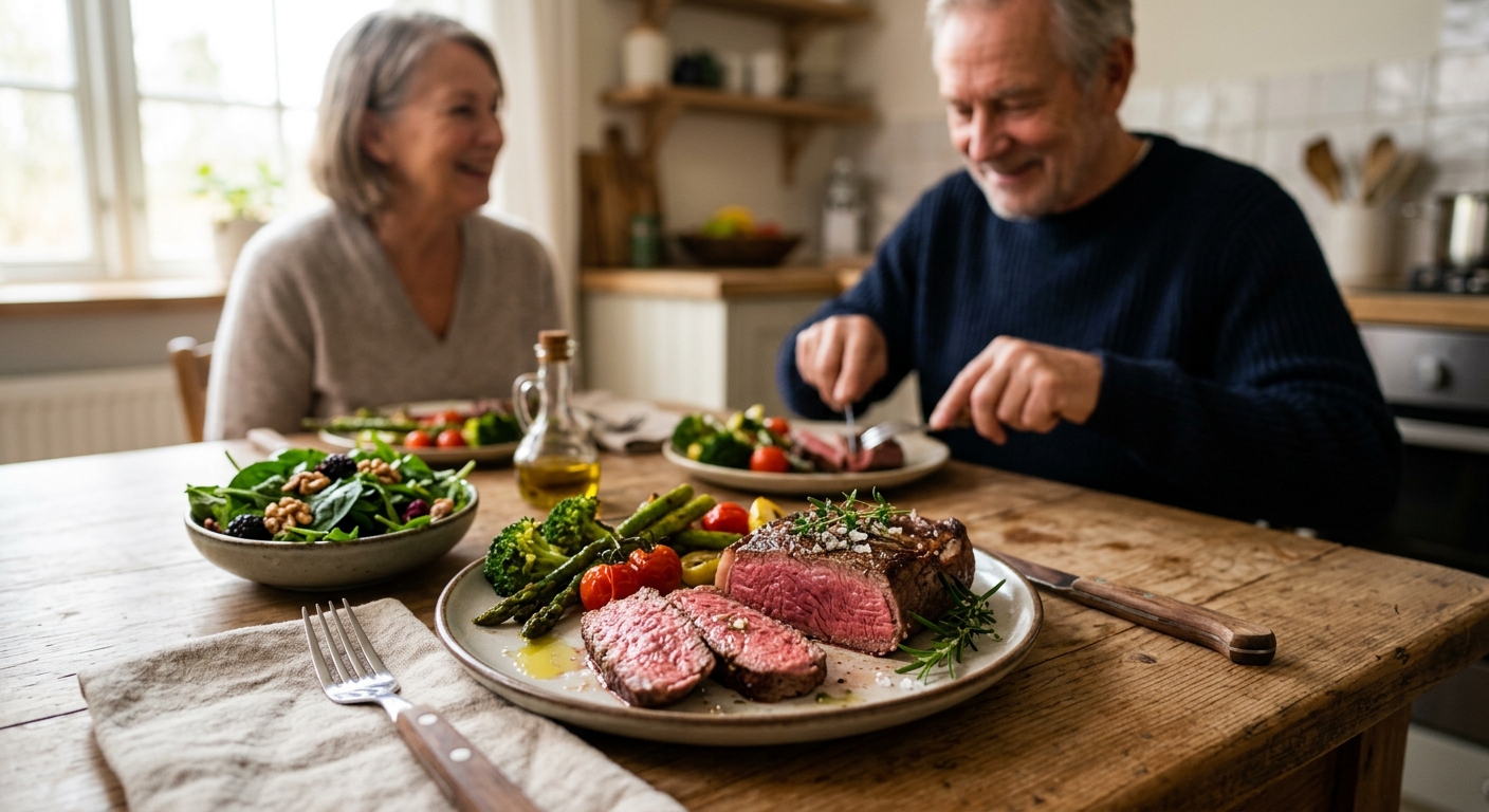 신선한 살코기와 채소가 함께 놓인 균형 잡힌 식단 이미지