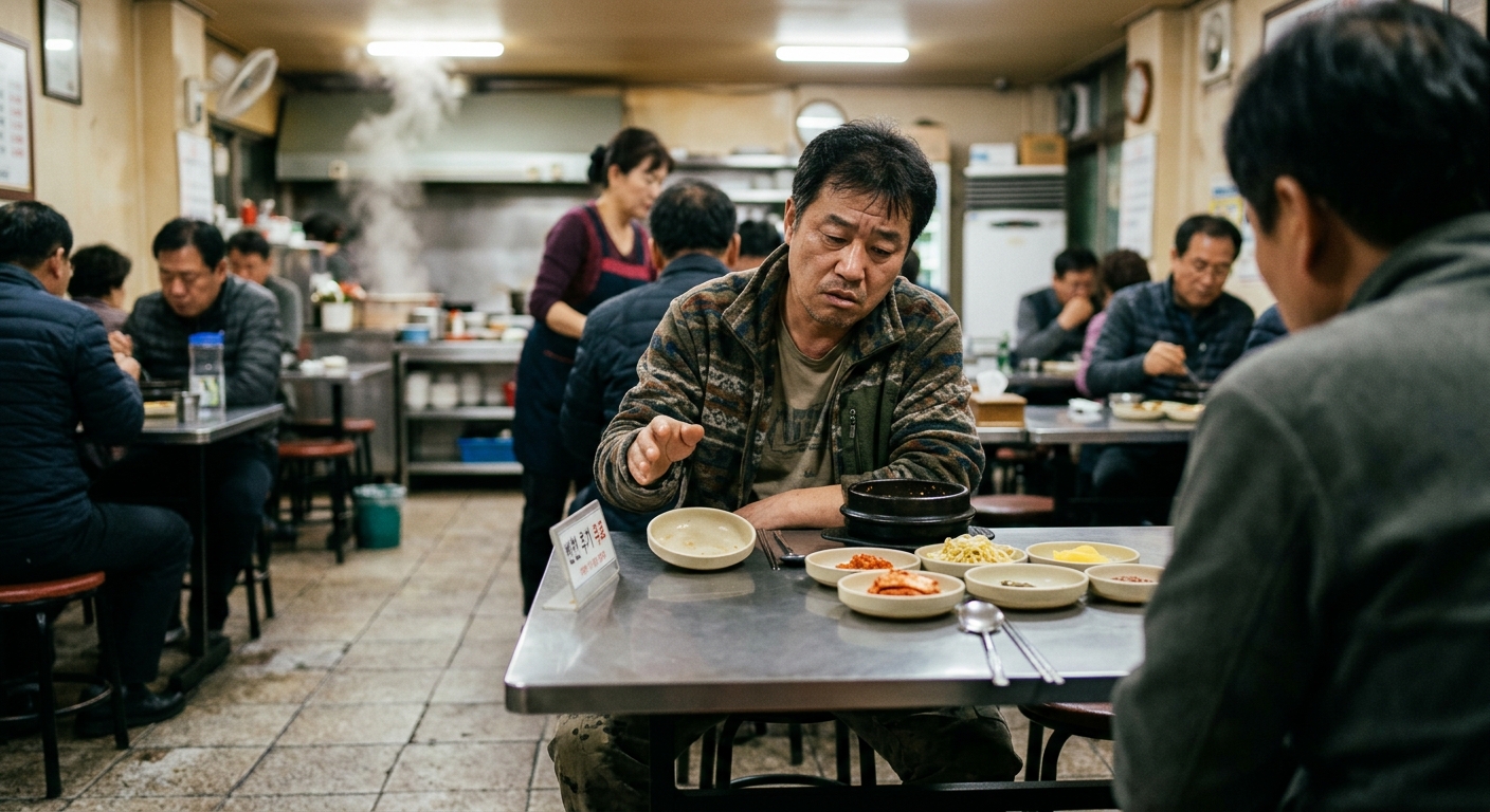 반찬이 놓인 식당 테이블에서 고민하는 손님의 모습