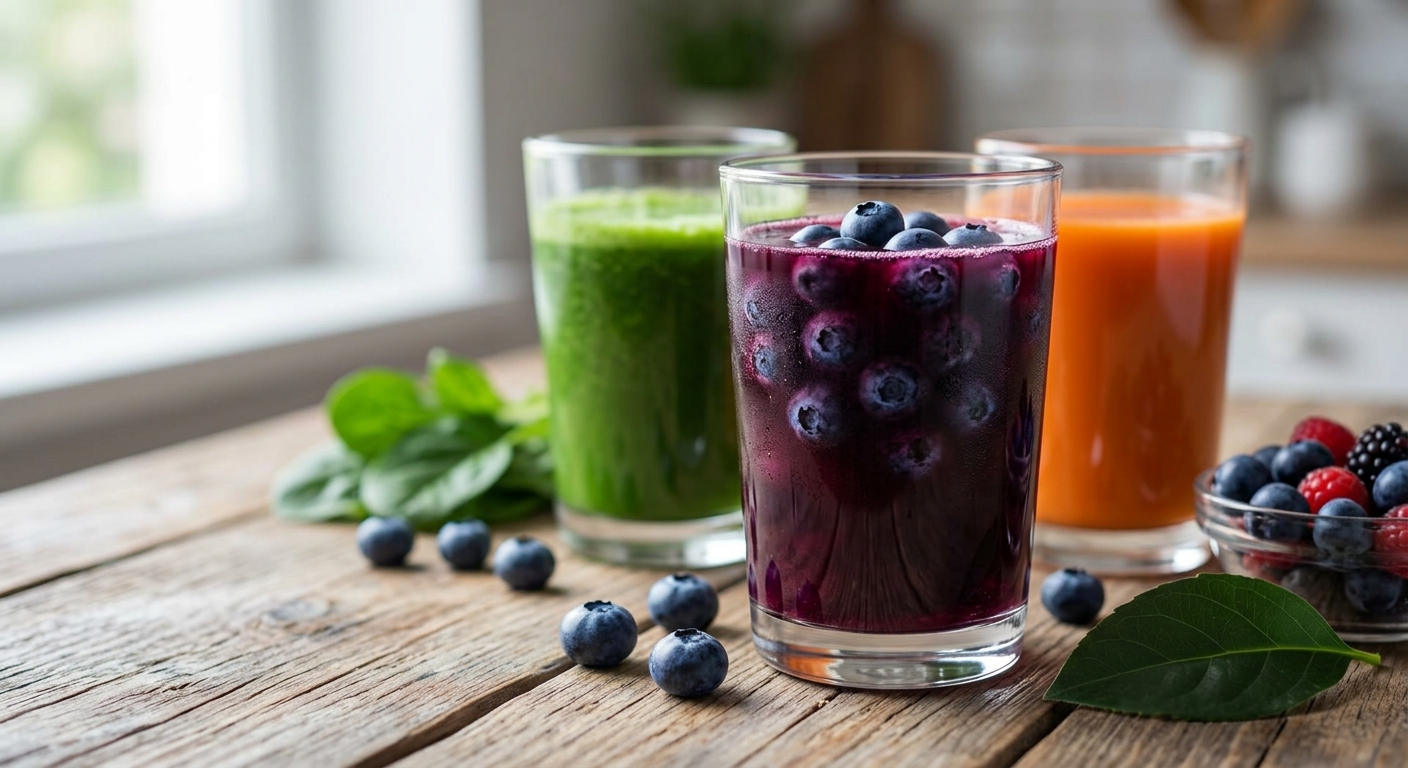 유리잔에 담긴 블루베리주스와 테이블 위 생블루베리