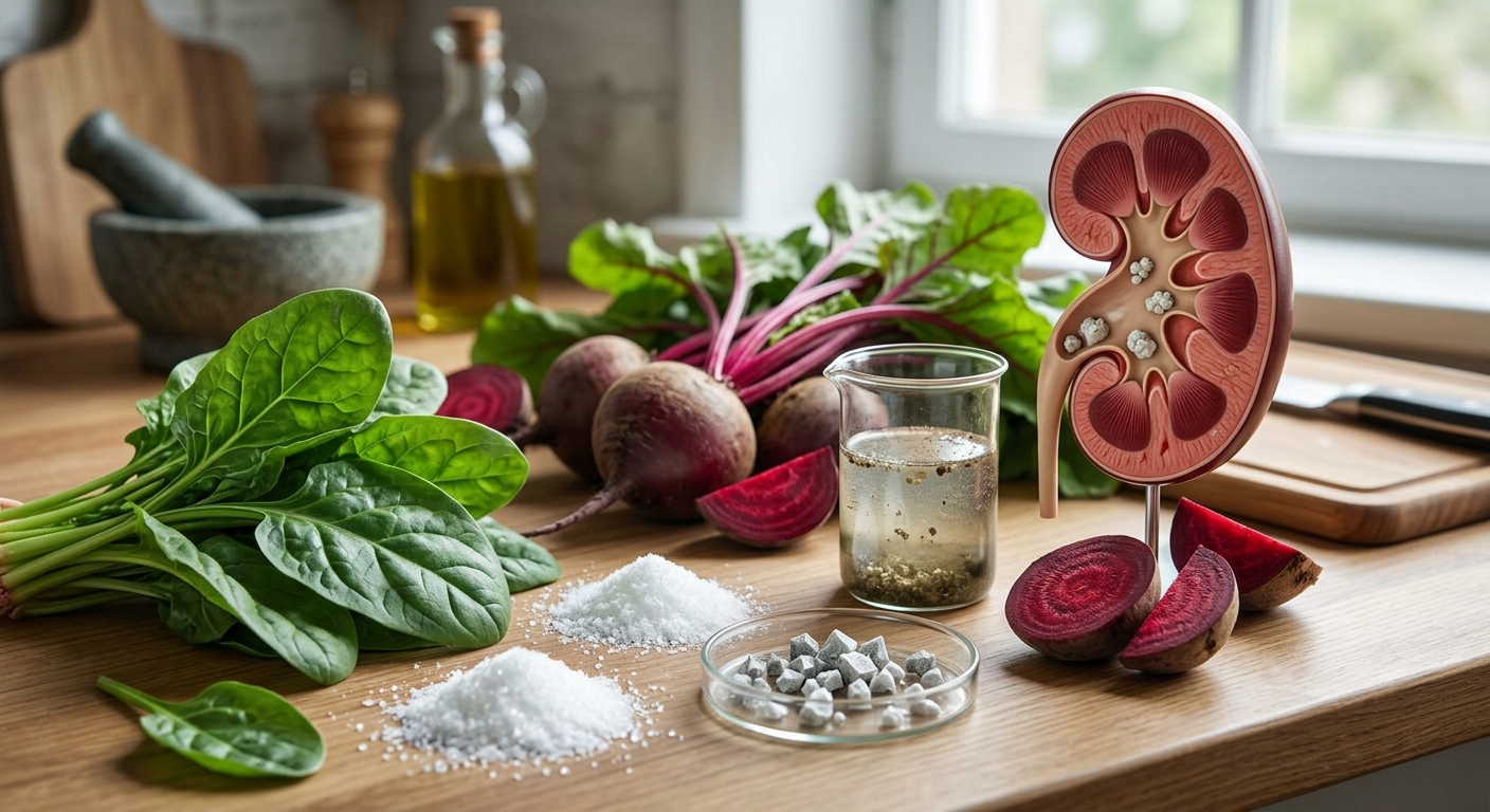 신장 모형과 잎채소가 함께 놓인 건강 정보 이미지