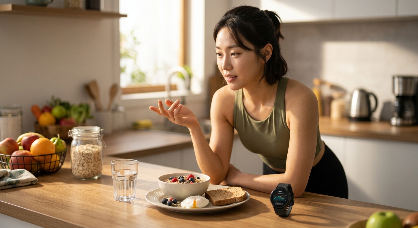 건강한 아침 식사와 신진대사 개념을 보여주는 식탁