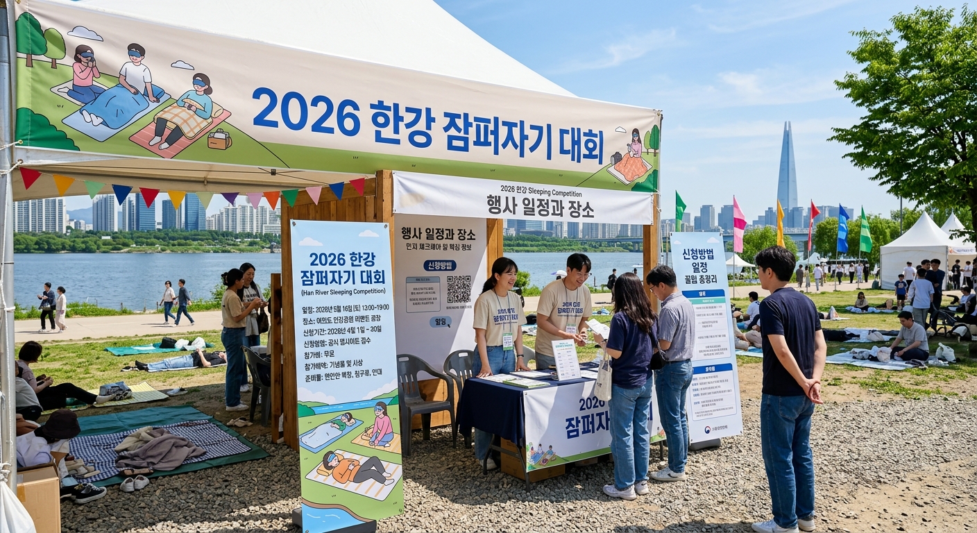 여의도 한강공원 멀티프라자 행사 구역을 배경으로 한 봄날 풍경