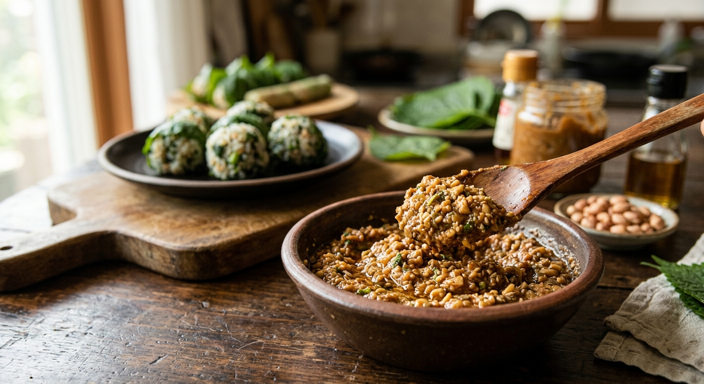 된장과 고추장, 다진 땅콩으로 만든 땅콩 쌈장이 그릇에 담겨 있는 장면