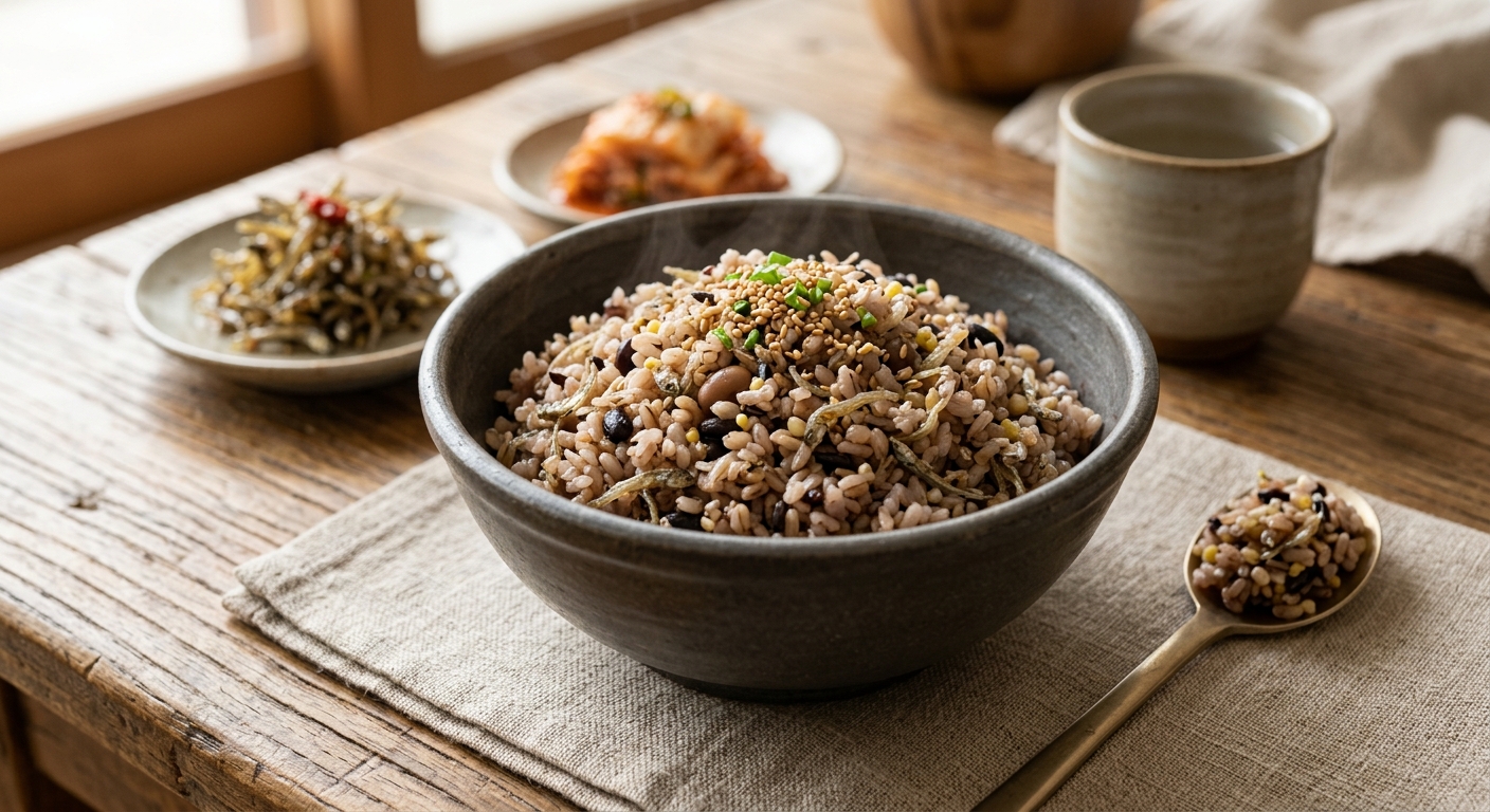 잡곡과 잔멸치를 함께 담은 재료 그릇 클로즈업