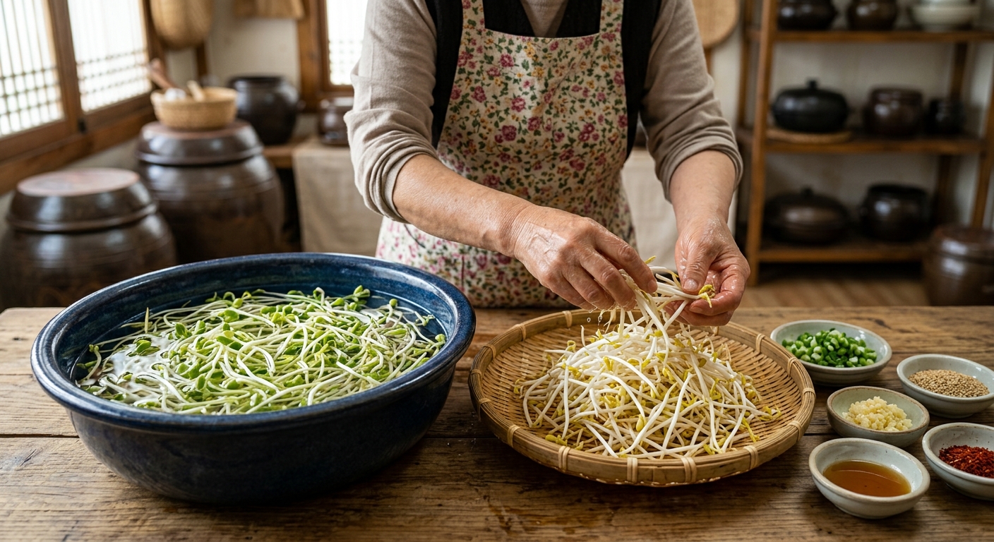 흐르는 물에 숙주를 부드럽게 씻으며 불순물을 제거하는 장면