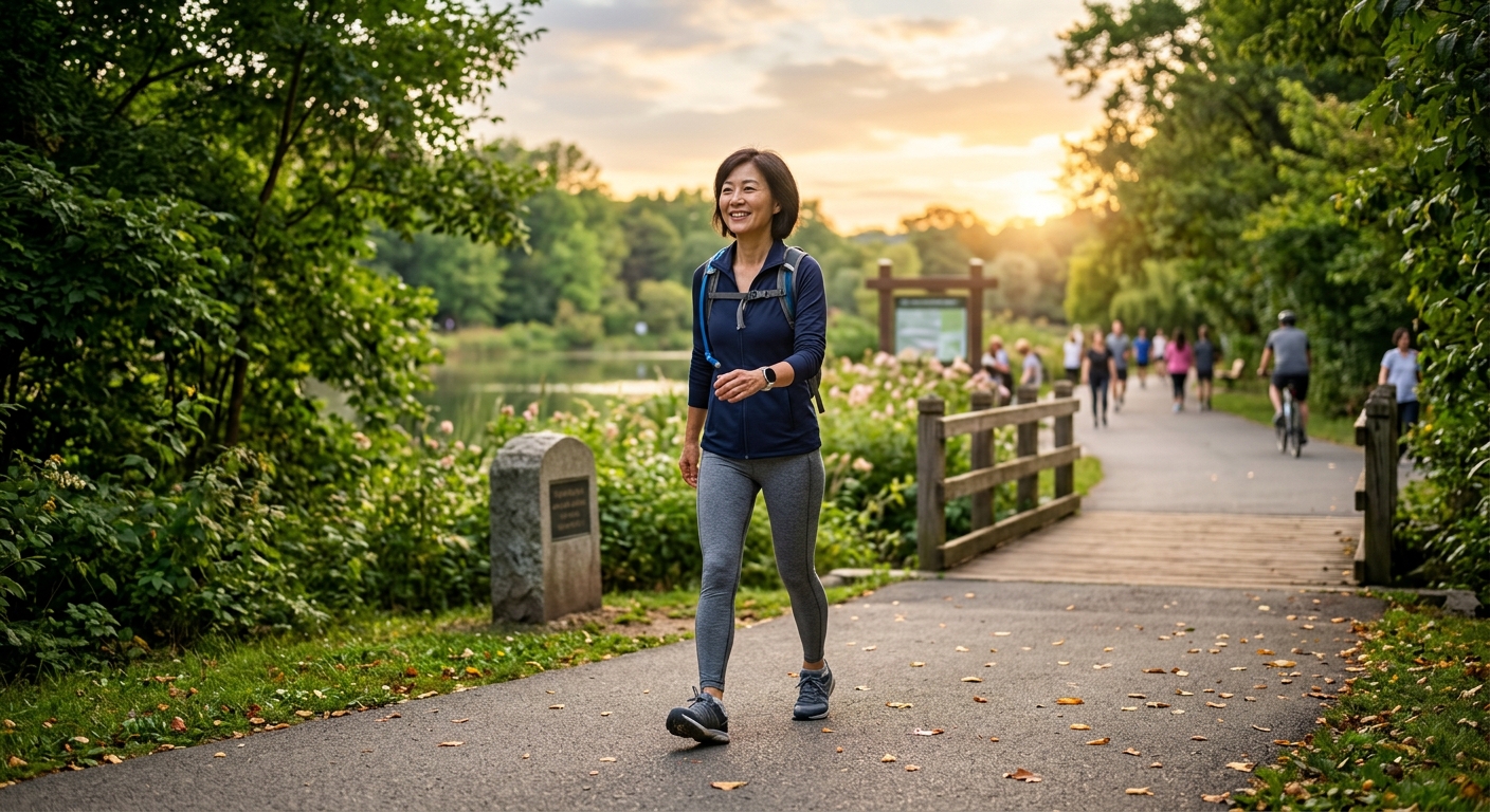 사무실과 일상 공간에서 자주 몸을 움직이는 중년의 건강한 생활 장면