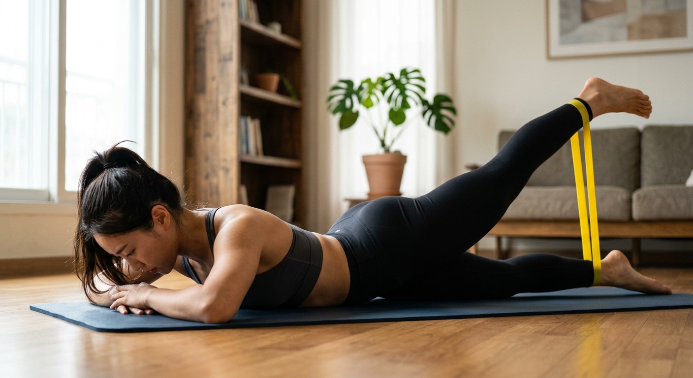 매트 위에 엎드려 밴드 저항으로 다리를 벌리며 엉덩이 근육을 자극하는 동작