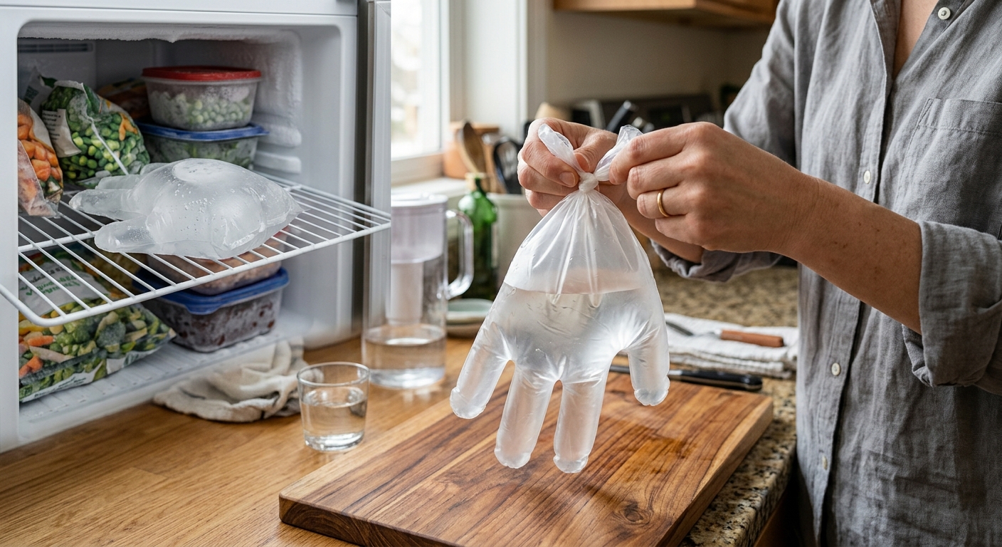 비닐장갑에 물을 담아 묶은 뒤 냉동실에서 얼리기 전 준비한 장면