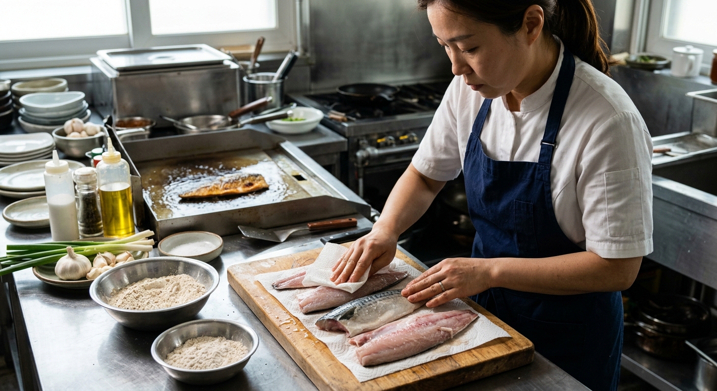 굽기 전 키친타월로 생선의 앞뒷면과 배 안쪽 물기를 닦는 장면