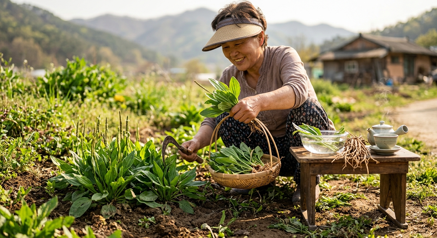 질경이 잎과 씨앗이 나란히 놓인 자연 식재료 클로즈업