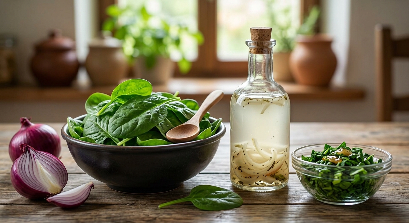 접시에 담긴 데친 시금치와 건강한 집밥 반찬 구성