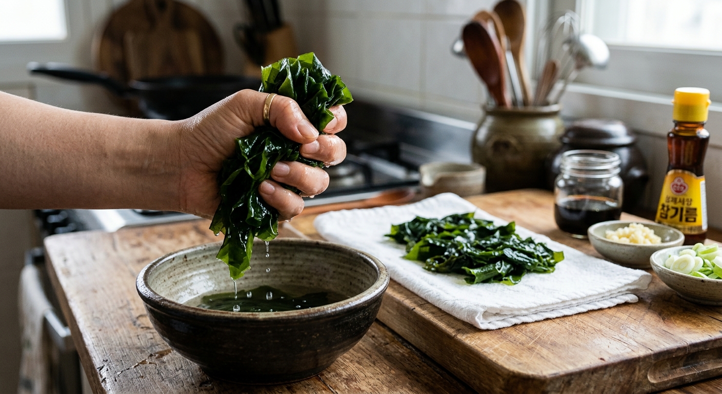 찬물에 불린 미역을 손으로 꼭 짜서 물기를 제거하는 조리 과정