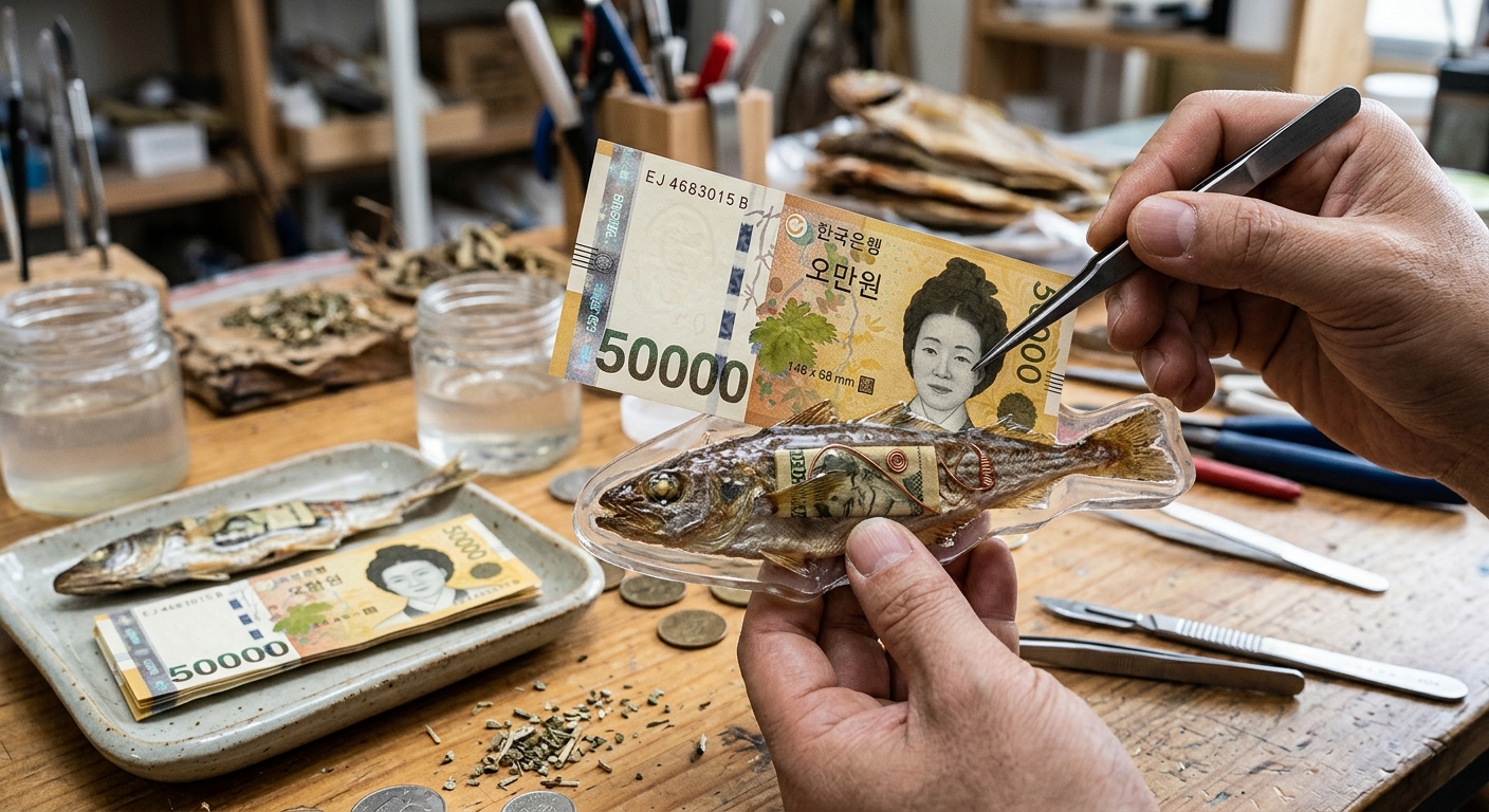 에폭시 레진 안에 화폐 조각이 담긴 명태 모양 자석 제품