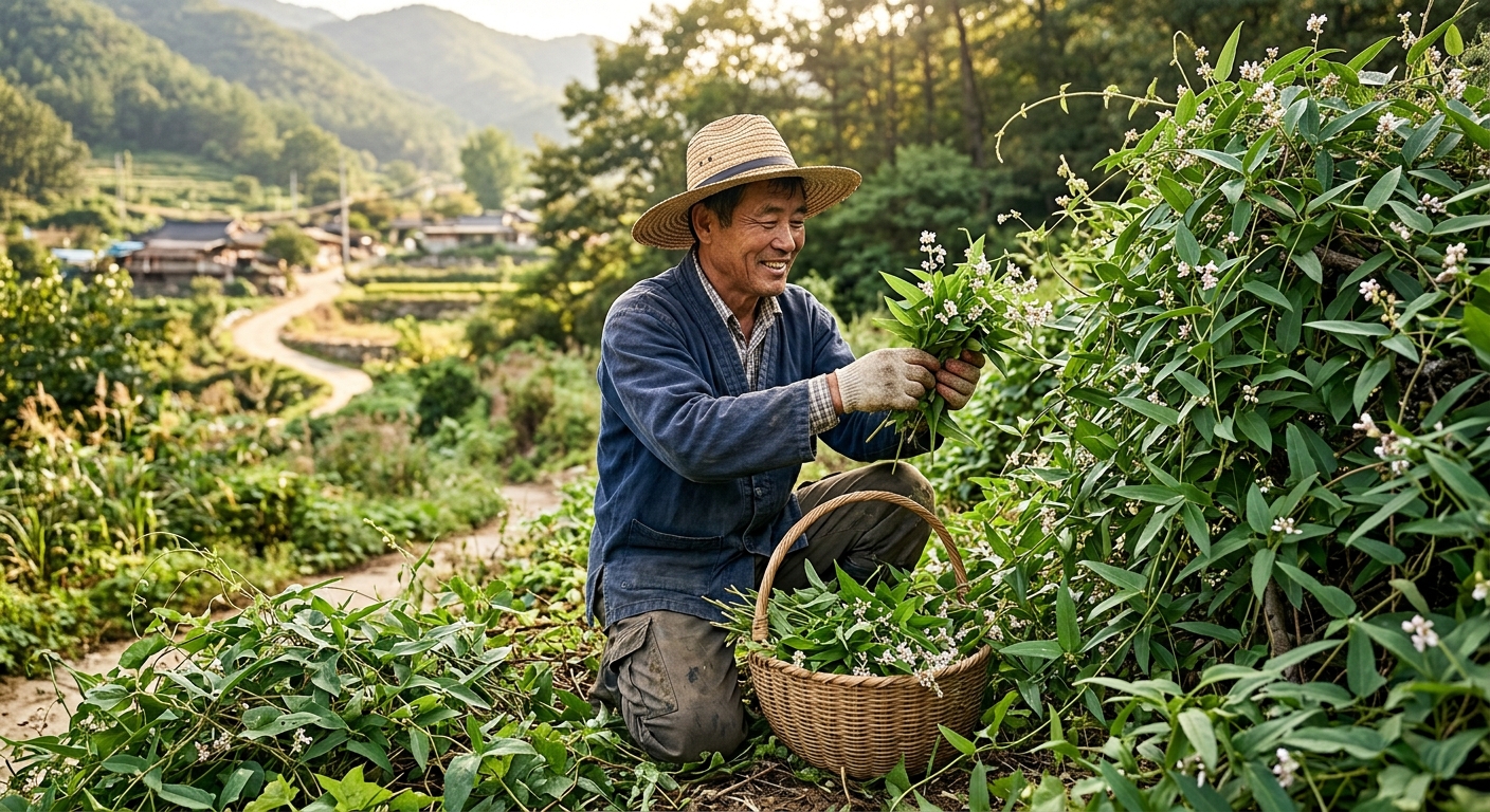 남성 원기 회복과 활력 이미지로 표현한 박주가리 열매와 잎