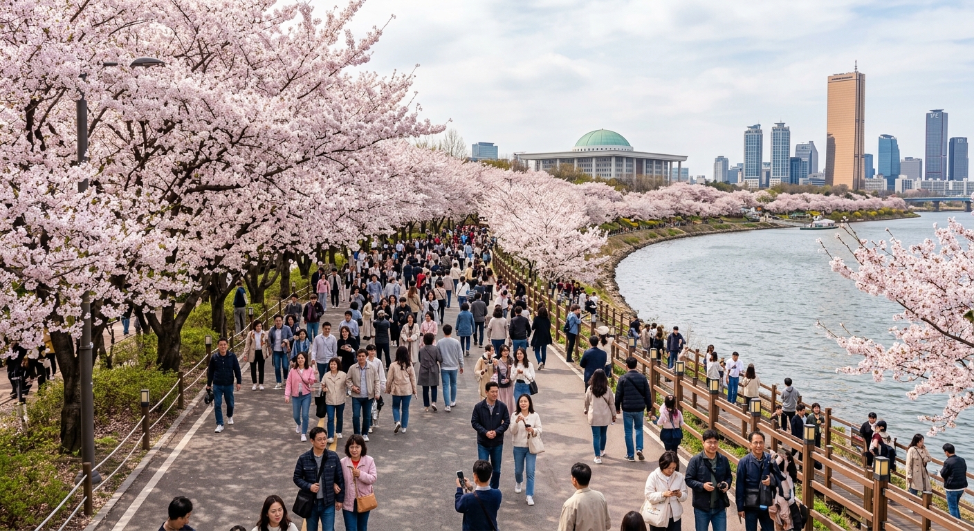 한강 제방 도로를 따라 조성된 여의도 벚꽃길과 봄철 산책 풍경