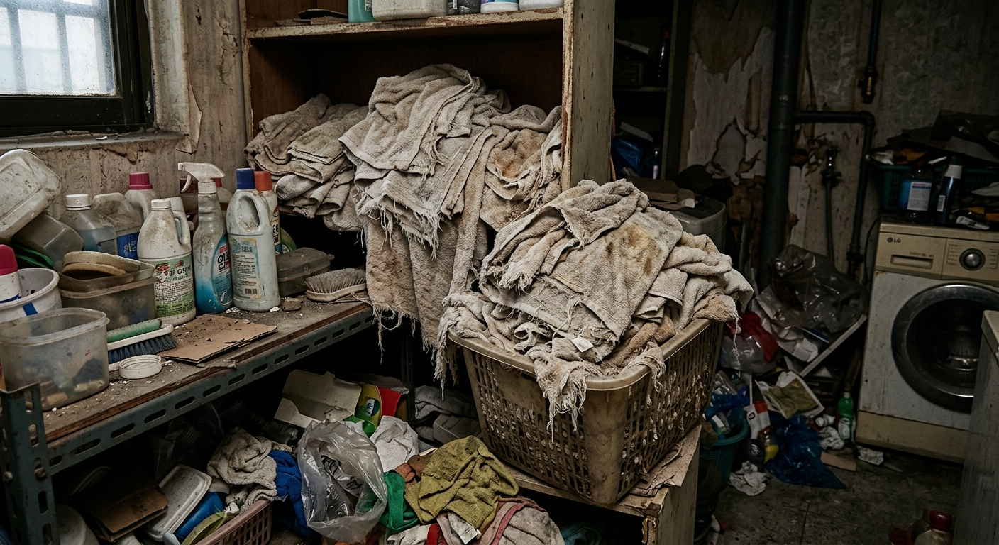 욕실에 걸린 낡은 수건과 새 수건을 비교한 장면