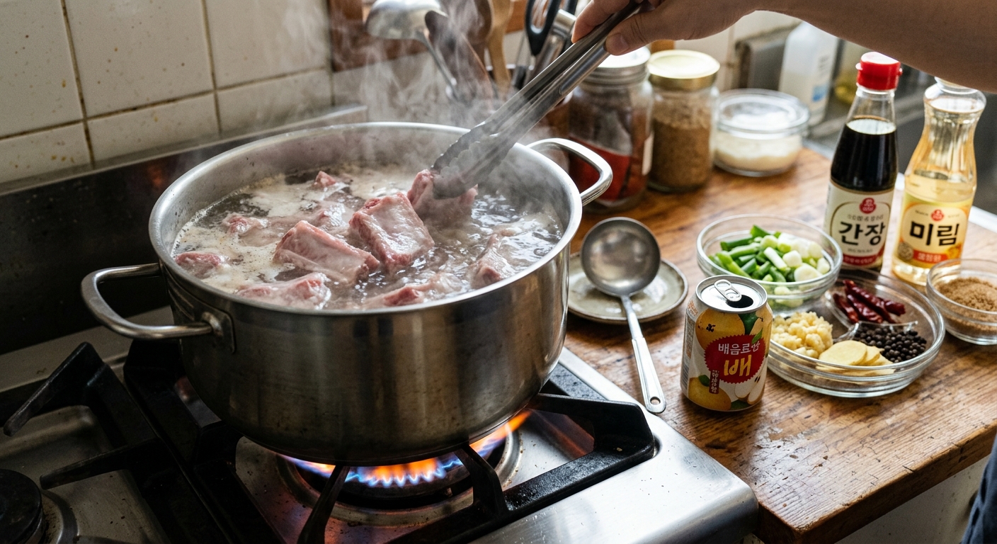 큰 냄비에 향신채와 함께 삶고 있는 등갈비 모습