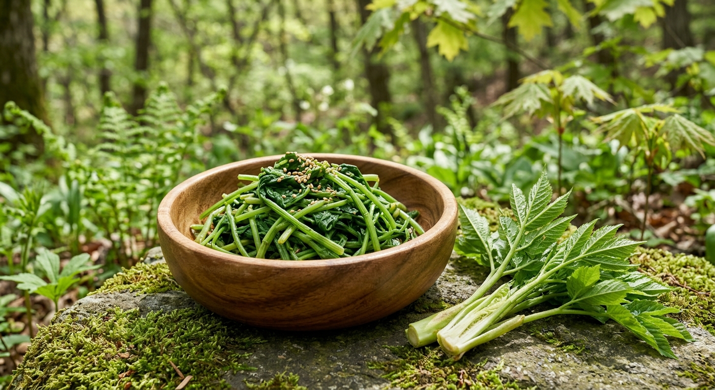 접시에 담긴 눈개승마 나물과 영양감을 강조한 봄 반찬 이미지