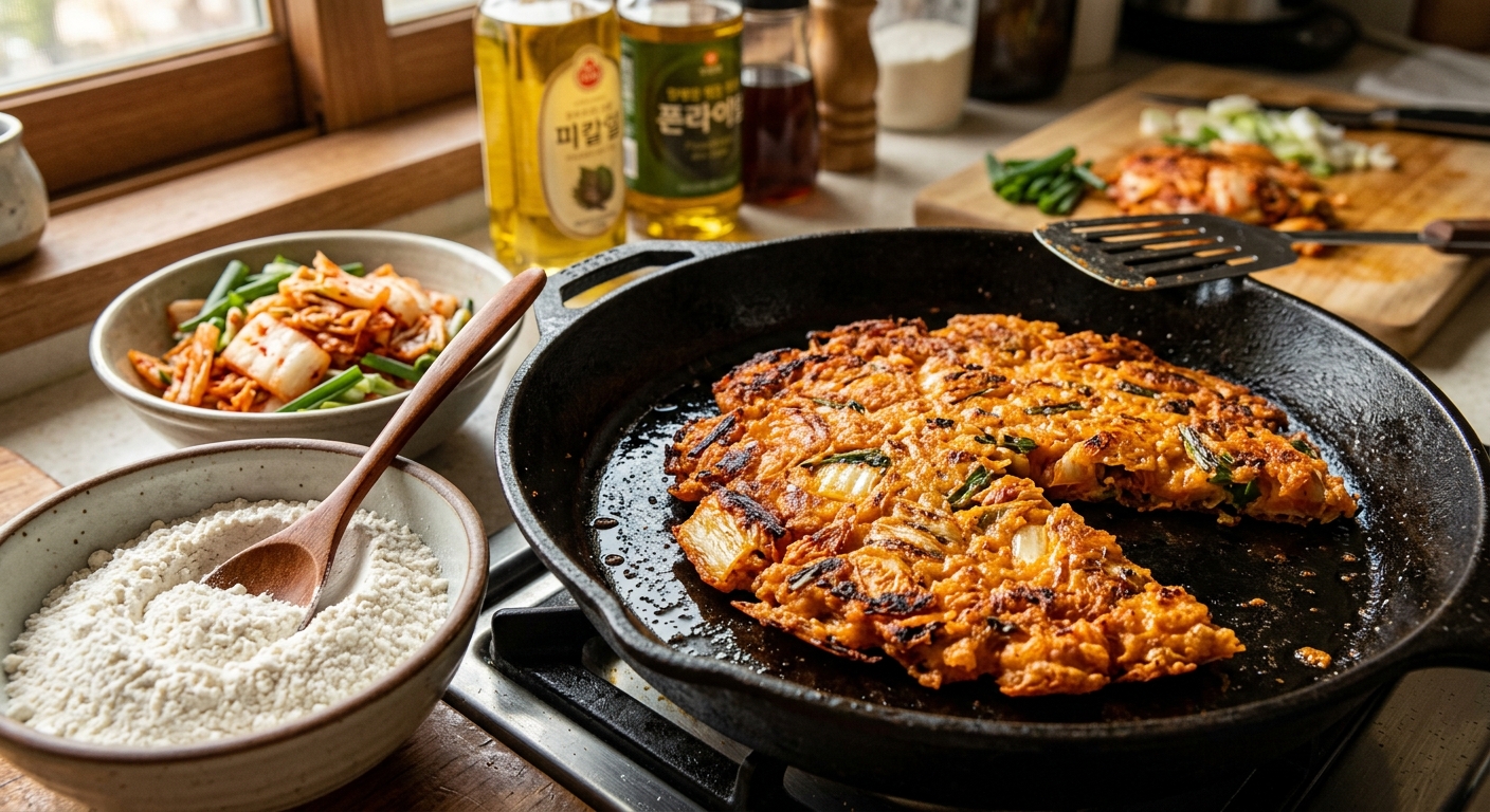 튀김가루와 잘게 썬 김치를 섞어 반죽을 만드는 장면