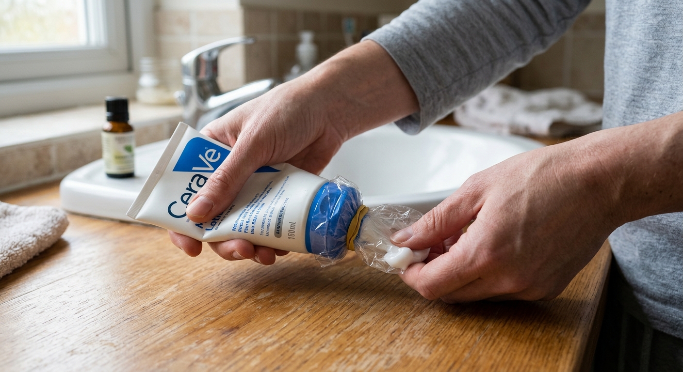 펌프를 제거한 로션 통 입구에 비닐을 씌우고 고무줄로 고정한 모습