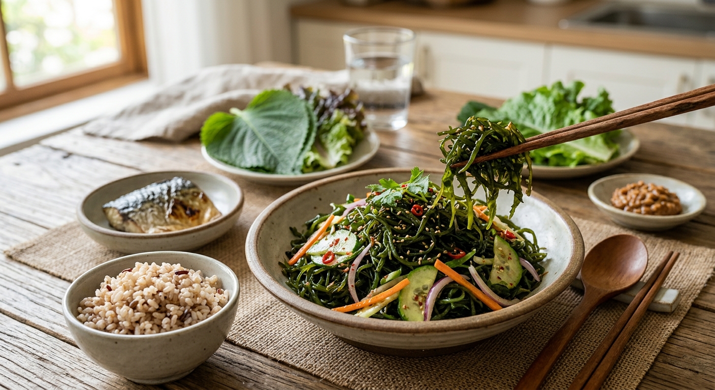 포크로 집어 올린 꼬시래기 샐러드가 담긴 접시 클로즈업