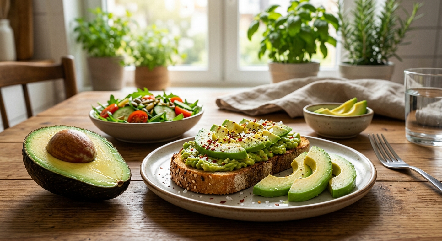 반으로 자른 아보카도와 신선한 채소 샐러드가 담긴 접시