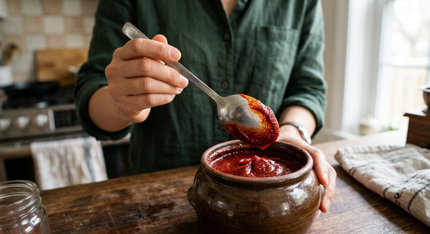 스테인리스 숟가락의 뒷면으로 고추장을 떠 올리는 손