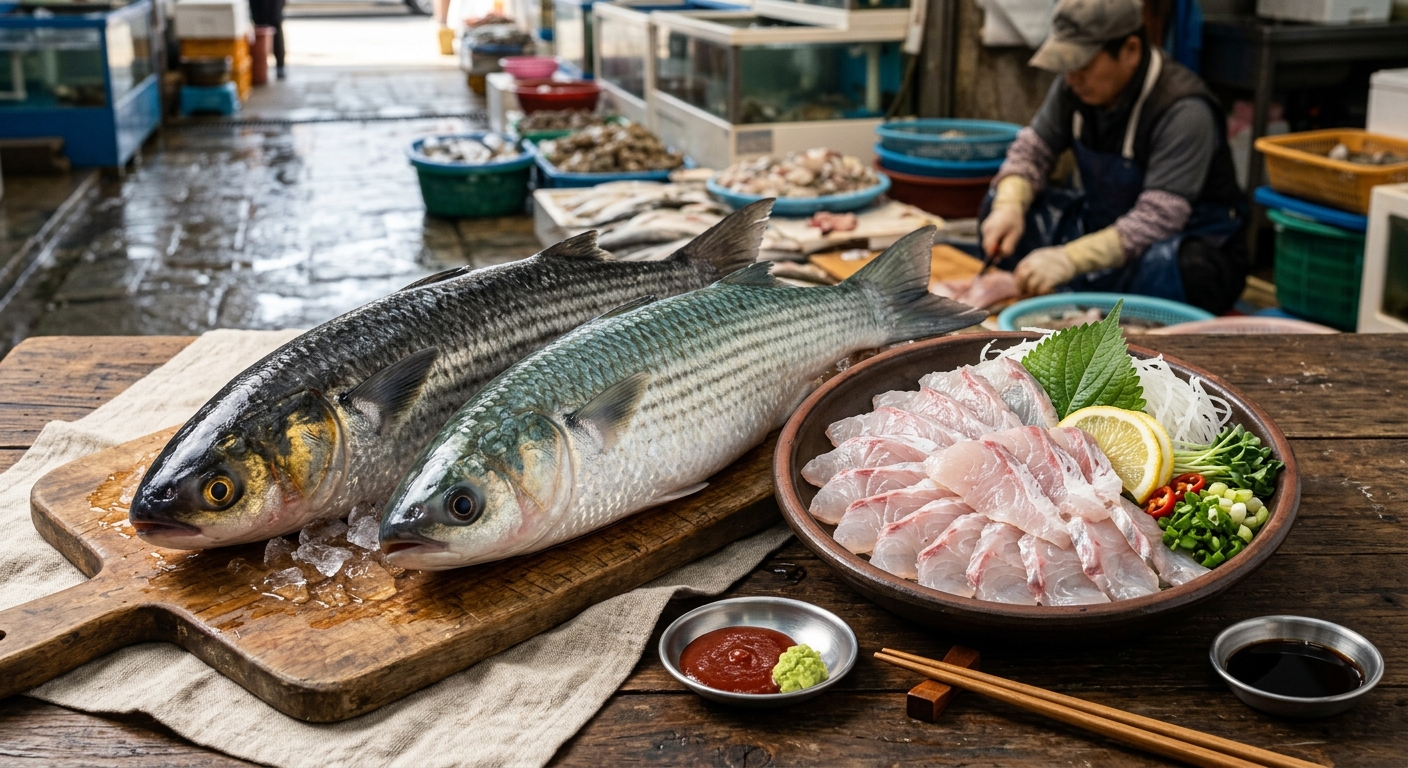 숭어 종류를 구분하기 위해 눈동자 색을 살펴보는 모습
