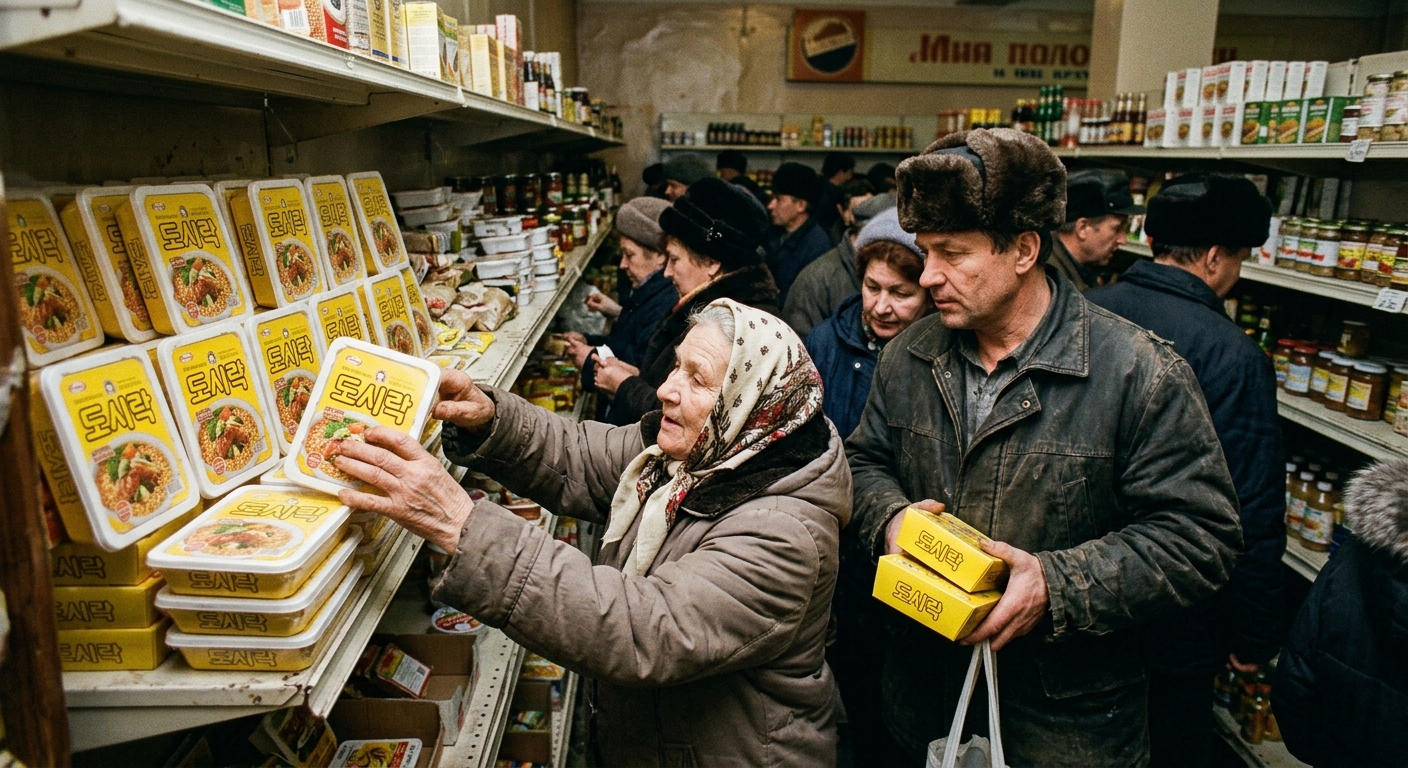 러시아 항구와 초기 수출을 상징하는 컵라면 상자 이미지