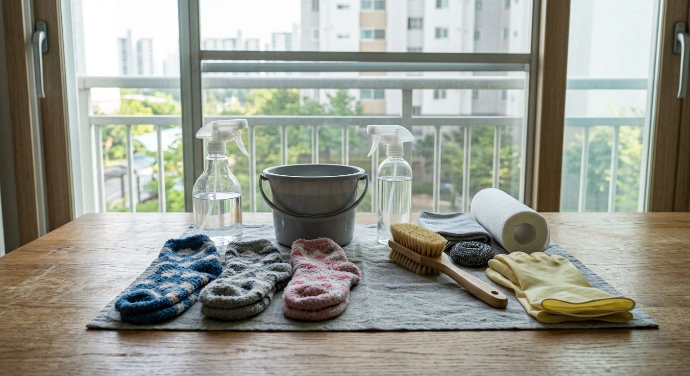 방충망 청소를 위해 준비한 수면양말과 분무기, 베이킹소다, 중성세제