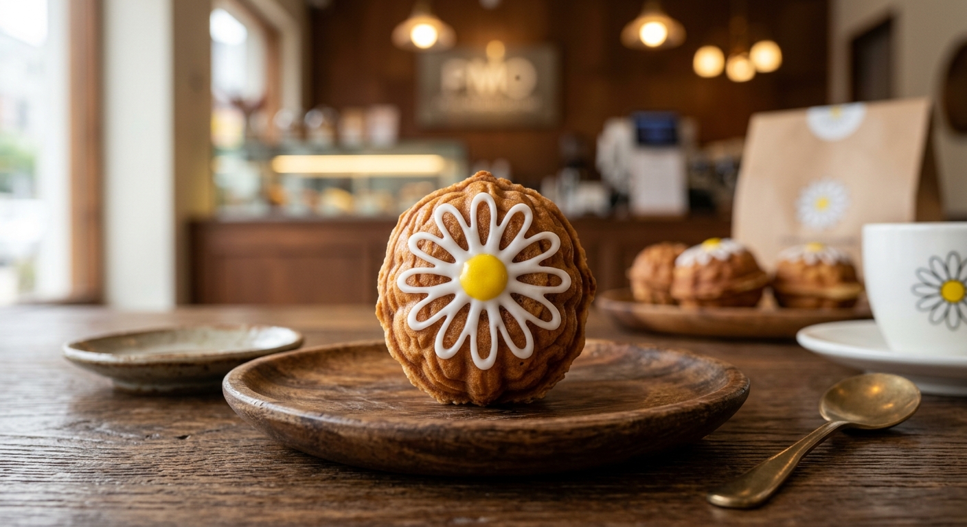 밤 앙금이 들어간 호두과자 위에 데이지 초콜릿 장식이 올려진 모습