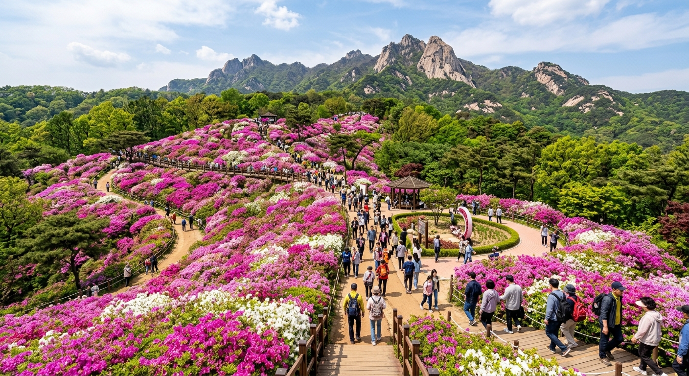 불암산 철쭉제 행사장에서 방문객들이 공연과 봄꽃을 함께 즐기는 모습